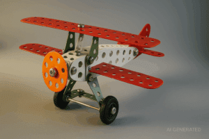 Metal frame of small toy airplane with grey background.