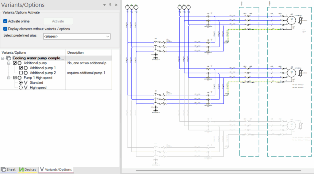 Screenshot of E3.series schematic depicting two motor circuits and a third inactive motor circuit.