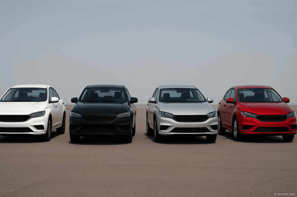 A photorealistic image of four identical modern sedans—white, black, silver, and red—parked side by side on an empty asphalt surface with clear space between each car. The cars face the viewer head-on at windshield level against a simple blue sky background.