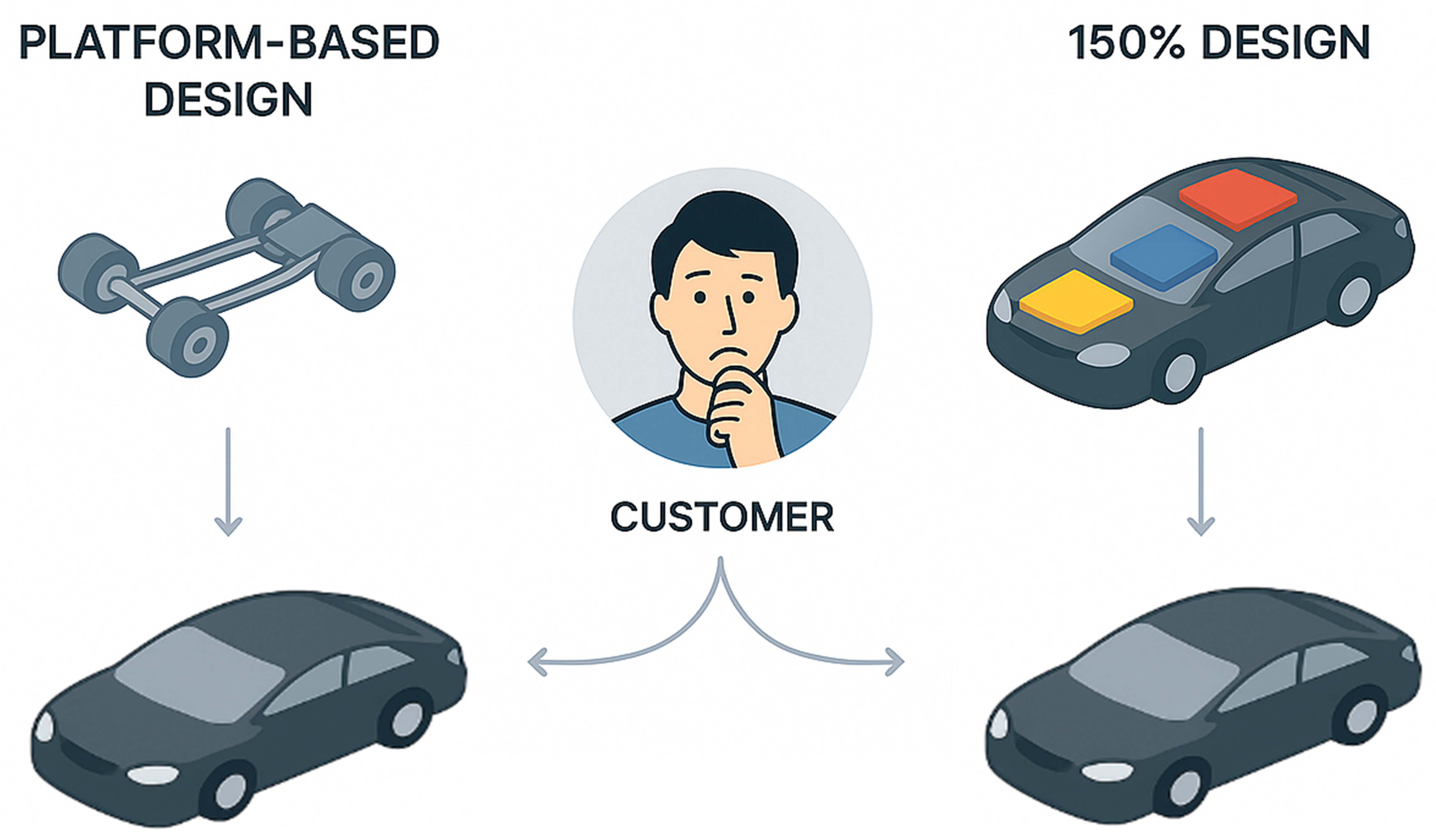 Diagram comparing modular design: Platform-Based Design builds from a chassis with customer input. In contrast, 150% Design starts with an overdesigned model where the customer selects options, both leading the same finished car.