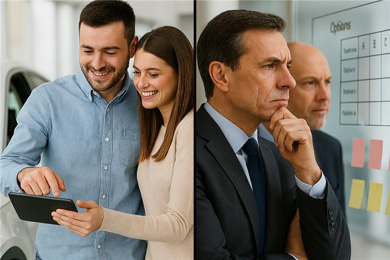Split-screen photo: left, a couple at a car dealership discussing options beside a vehicle; right, two business professionals in an office reviewing a product options board