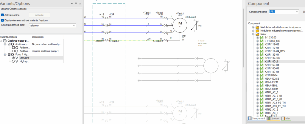 Screenshot of E3.series software: schematic diagram in the center, options panel on the left, and component database on the right.