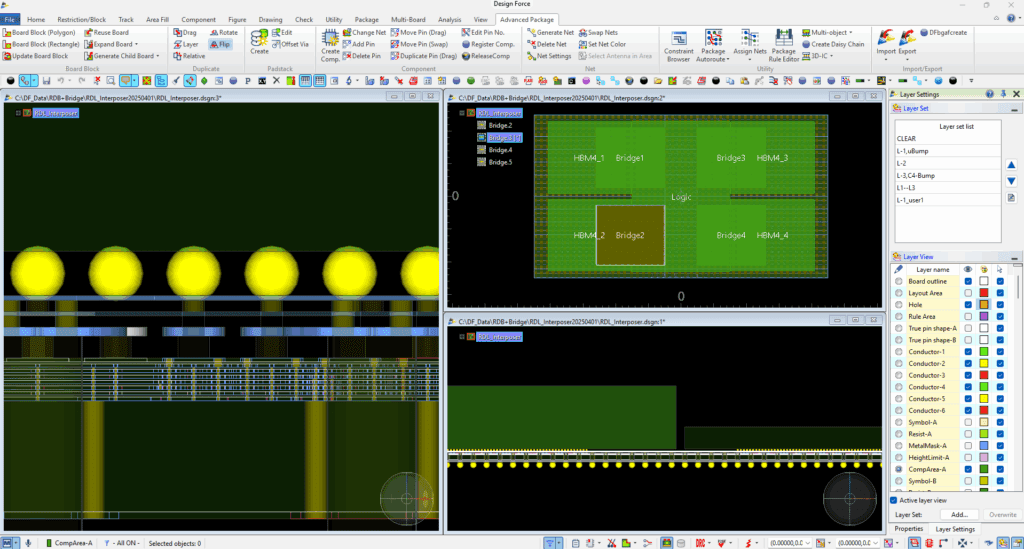 CR-8000 Design Force screenshot showing panel-level interposer layout with system visibility across multiple layers.