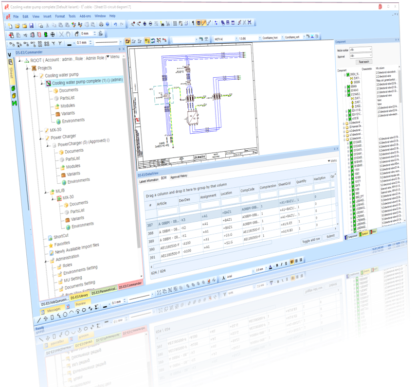 Screenshot of DS-E3 engineering design interface showing a cooling water pump project, with schematic diagrams, project navigation, and detailed data tables
