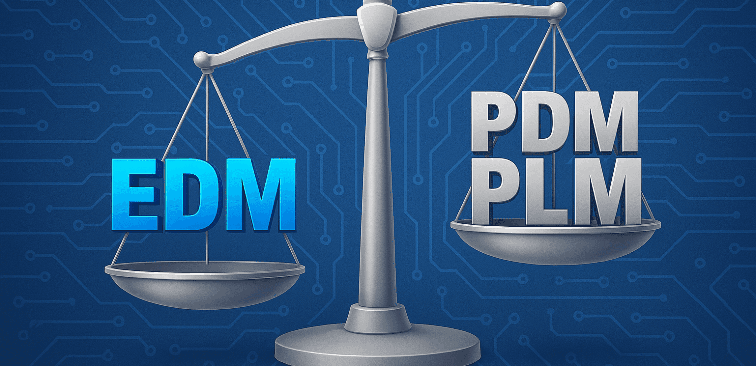 Illustration of a balanced scale with “EDM” on one side and “PDM PLM” on the other, set against a background of circuit patterns.