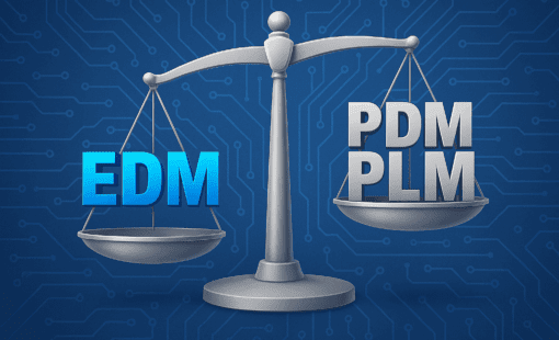 Illustration of a balanced scale with “EDM” on one side and “PDM PLM” on the other, set against a background of circuit patterns.