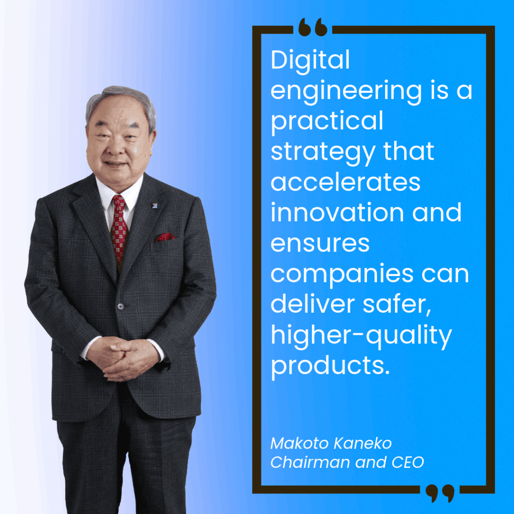Man in a suit standing next to a quote with a blue hue background. 
