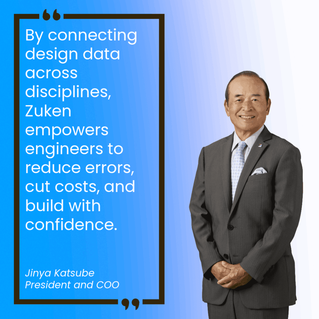 Man in a suit standing next to a quote with a blue hue background.