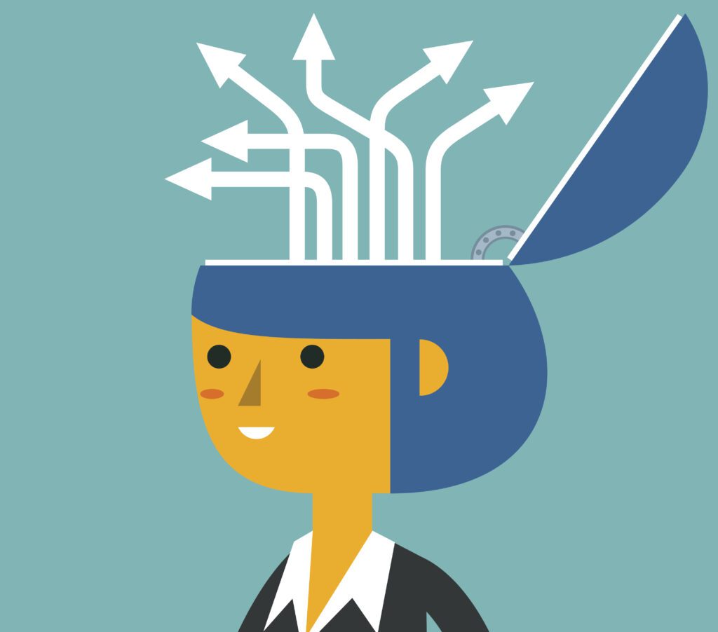 Illustration of a person with an open head and arrows pointing in different directions