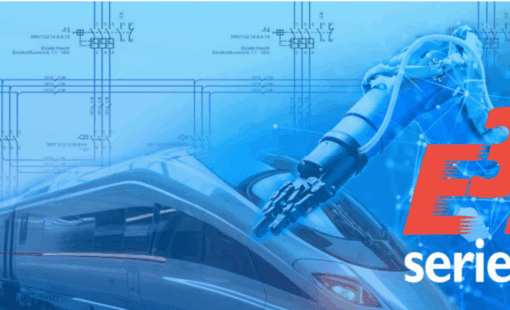 Splash screen for E3.series 2026 with E3.series logo in bottom right corner with robotic arm, train, and schematic drawing in background.