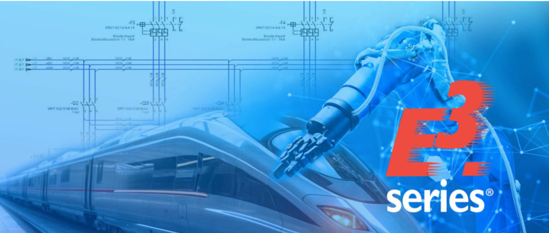 Splash screen for E3.series 2026 with E3.series logo in bottom right corner with robotic arm, train, and schematic drawing in background.