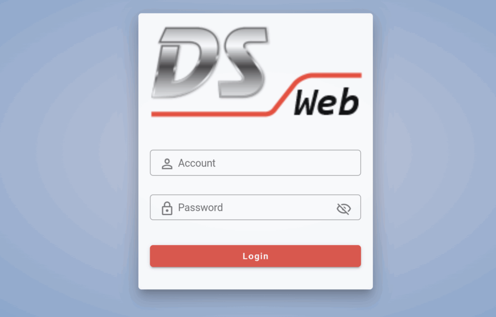 DS-WEB login screen showing account and password fields with icons, and a red login button beneath a stylized DS Web logo.