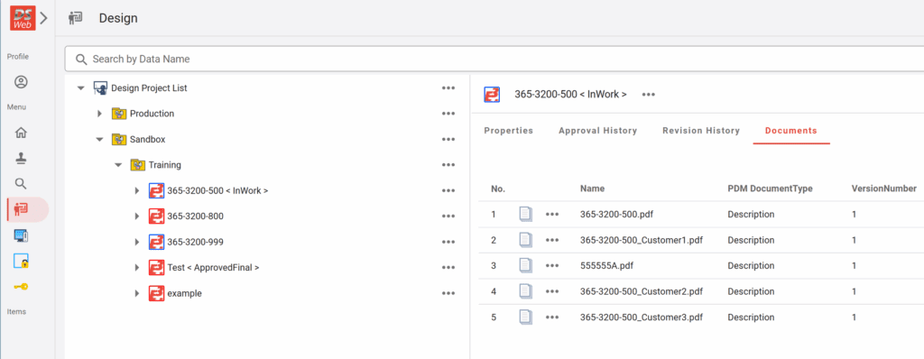 Screenshot of DS-WEB’s project management interface showing categorized project folders and a list of associated PDF documents with version and type details.