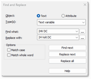 A screenshot of the Find and Replace dialog box. The settings are configured to replace the text “24V DC” with “24 Volt DC”.