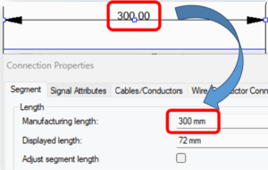 A screenshot showing the adjustment of the manufacturing length attribute value. The top part displays 300 highlights, while the bottom part shows connection properties with 300 highlighted.