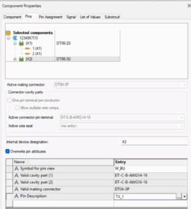 A screenshot of the Component Properties window displaying selected components and their pin attributes with the Overwrite Pin Attributes dialog checked.