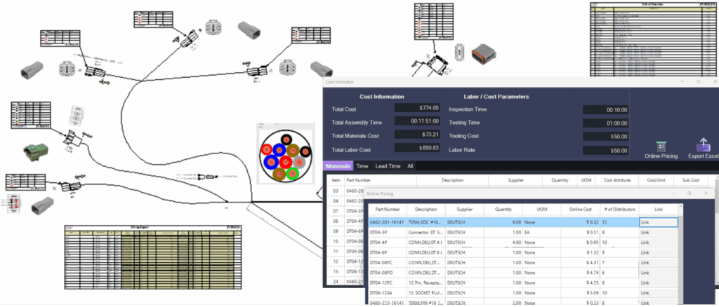 Screenshot of Zuken Harness Builder software with harness design and cost estimator utility