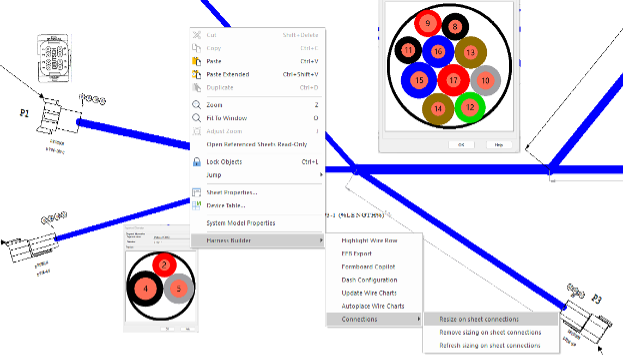 Screenshot of Harness Builder software with bundle diameters of segments with varying line thicknesses.