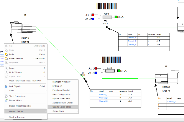 Screenshot of Harness Builder software with two splice tables and a context menu for updating all splice tables.