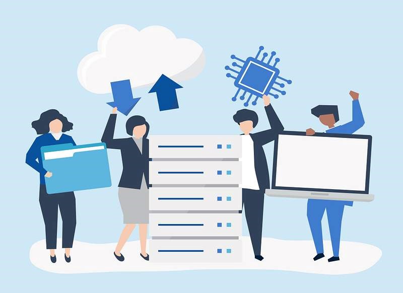 Illustration of professionals collaborating with cloud storage, servers, folders, and digital tools.