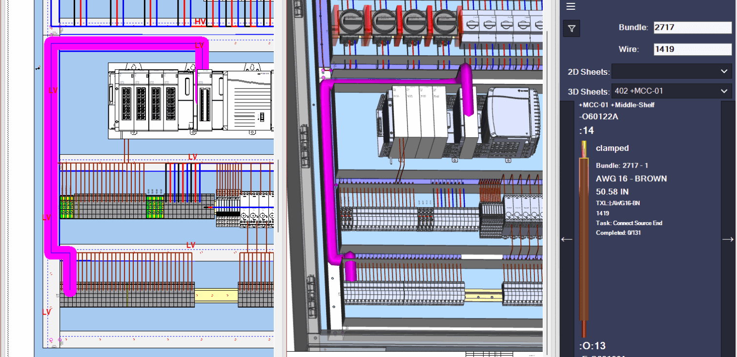 Panel Builder for E3.series interface showing panel layout and wiring details for streamlined manufacturing workflows.
