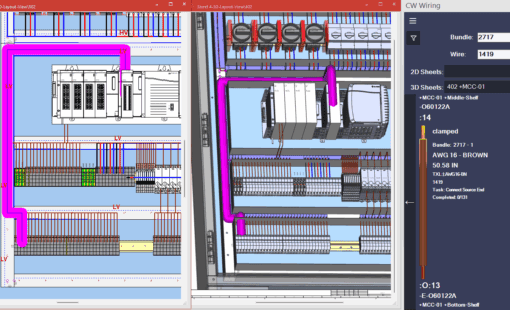 Panel Builder for E3.series interface showing panel layout and wiring details for streamlined manufacturing workflows.