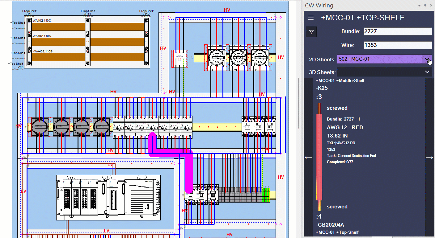GIF of Panel Builder 2026 toggling between 2D Sheets and 3D Sheets for layout and wiring details.