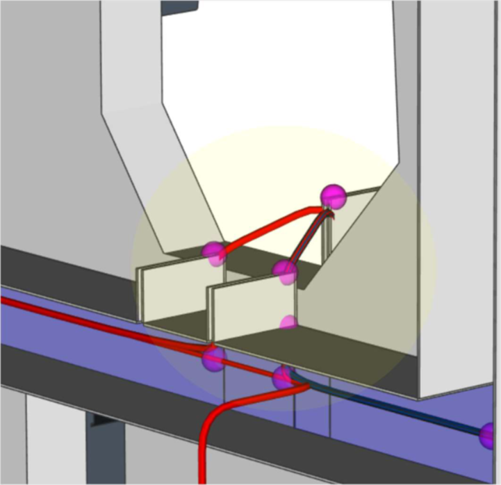 Close-up of wires routed through a cutout with cable ducts highlighted.