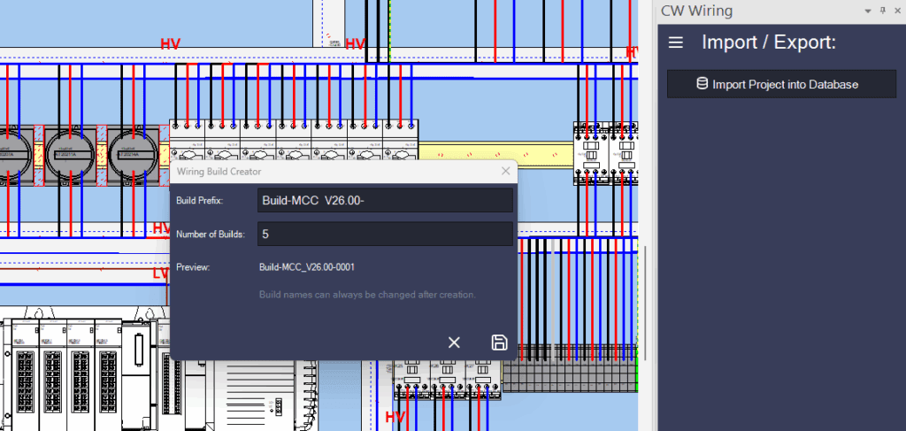 Screenshot of Panel Builder 2026 showing Wiring Build Creator dialog for setting the number of builds during project import.