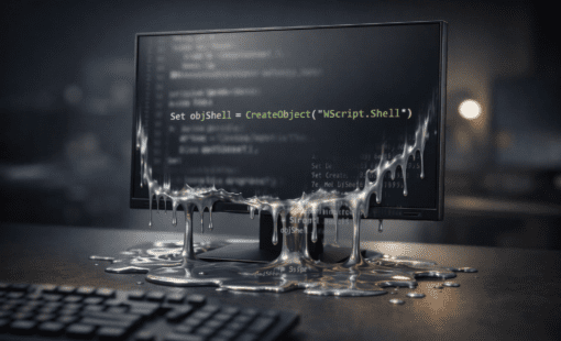 Computer monitor displaying VBScript code appearing to melt onto the desk surface.