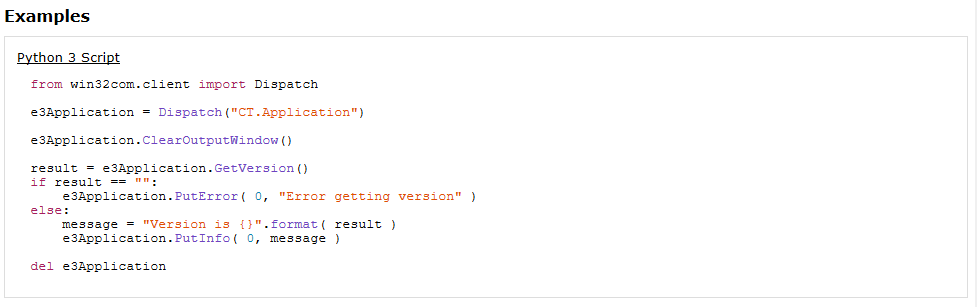 Screenshot of a Python script example showing E3.series API version retrieval.