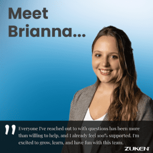 Smiling woman in a white shirt and gray plaid blazer. Headline reads: Meet Brianna