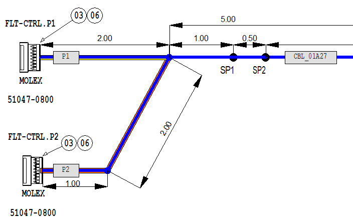 Technical formboard diagram showing wiring between two Molex connectors with labels and dimension markers.