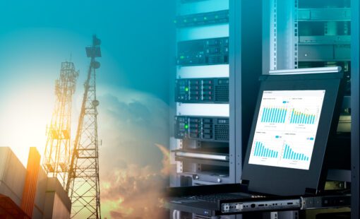 Composite image showing power transmission towers on the left and a data center server rack with an open monitoring laptop