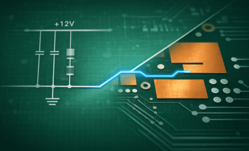 Green PCB graphic showing schematic, copper pours, and glowing net connection path