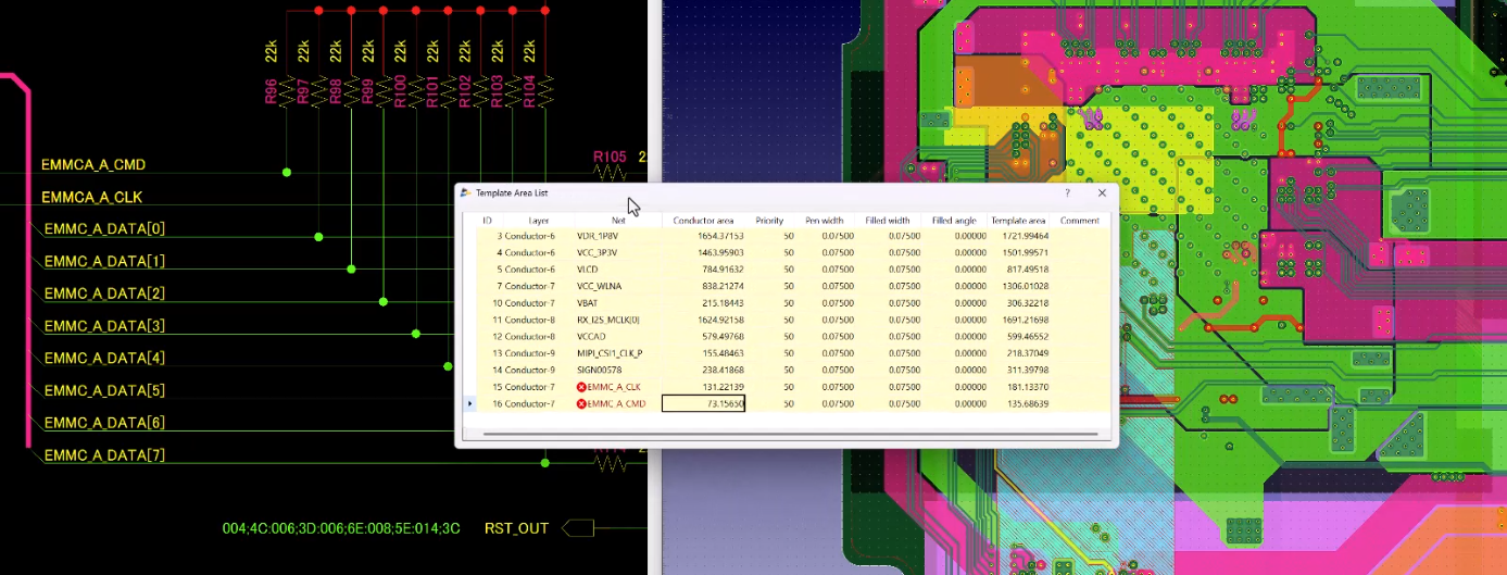 Screenshot showing schematic nets, PCB copper pours, and Template Area List mismatch
