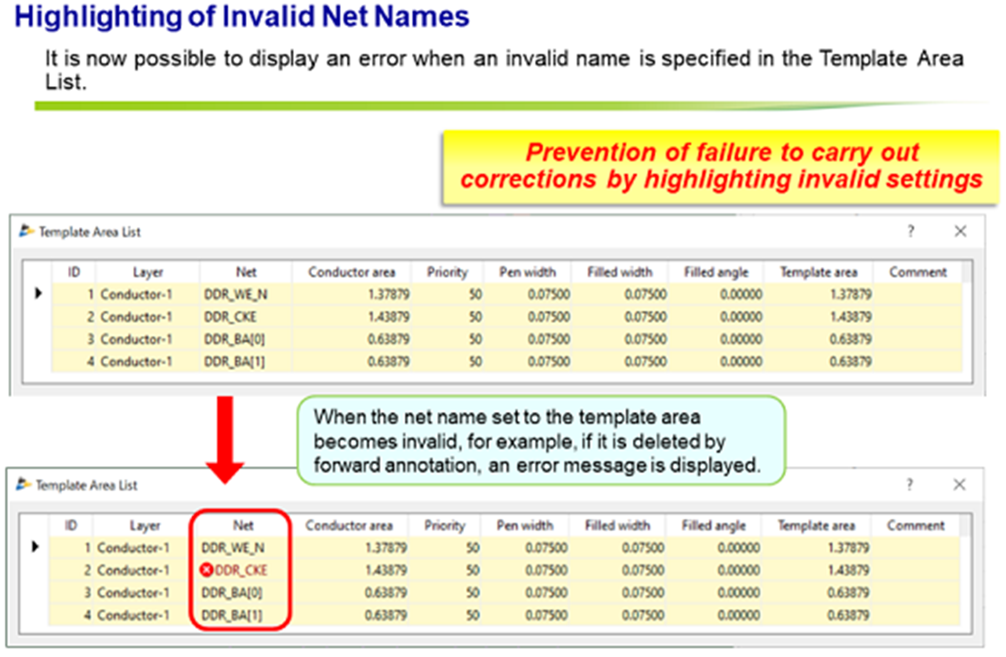 Before-and-after Template Area List showing invalid net names after schematic update