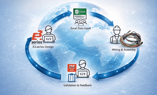Electrical integration workflow loop connecting Excel data, E3.series, wiring assembly, and validation feedback