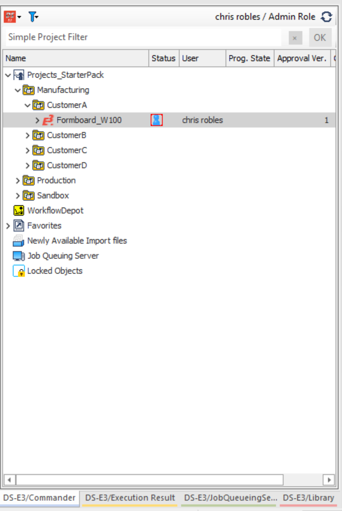 DS-E3 project interface showing structured project folders, revision status, and approval tracking