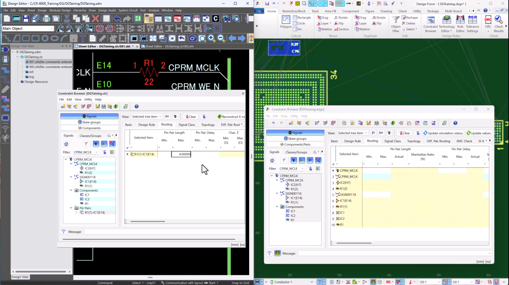 Zuken CR-8000 Constraint Browser showing Max Pin Pair Length used to control termination resistor placement in PCB layout.