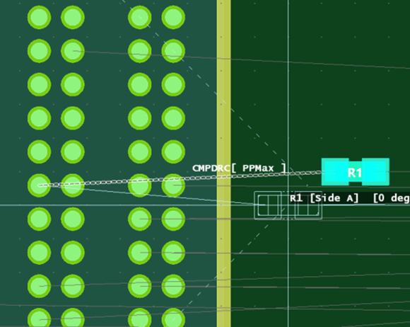 Zuken CR-8000 PCB layout showing a termination resistor highlights the Placement area when placed within the Pin Pair constraint boundary.