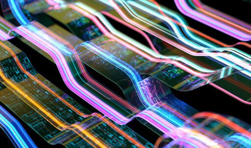 Colorful abstract lines and circuit-like paths flowing across a dark digital background.