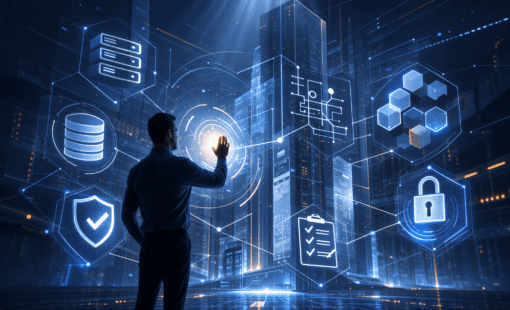 Engineer managing layered digital deployment architecture with system icons