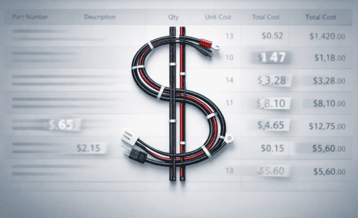 Wire harness shaped like dollar sign over blurred parts cost table