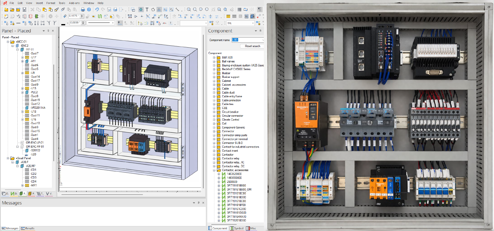 Side by side of a CAD model of an electrical control panel and its real-life counterpart.