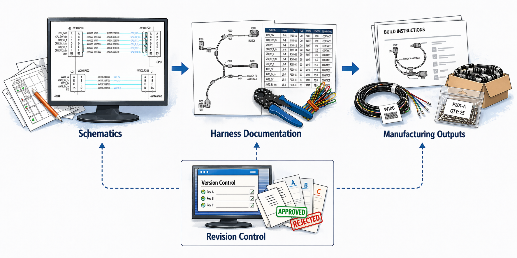 annotated workflow showing schematics, harness documentation, revision control, and manufacturing outputs linked in one process.