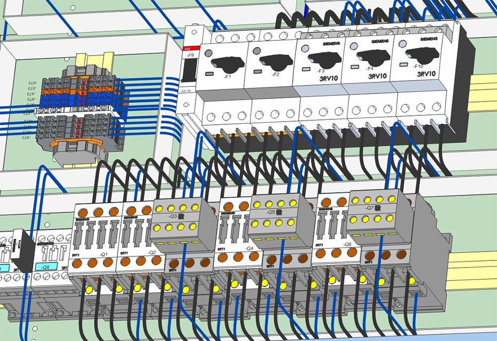 A close-up screen capture of a 3D control panel model in E3.series.