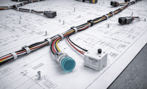 Wire harness with sensors and connectors arranged on a formboard drawing