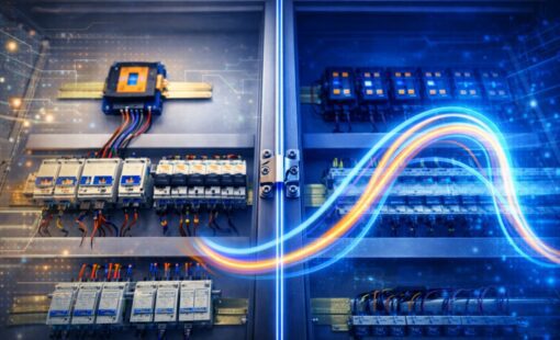 Electrical control panel with digital twin overlay and wiring detail.