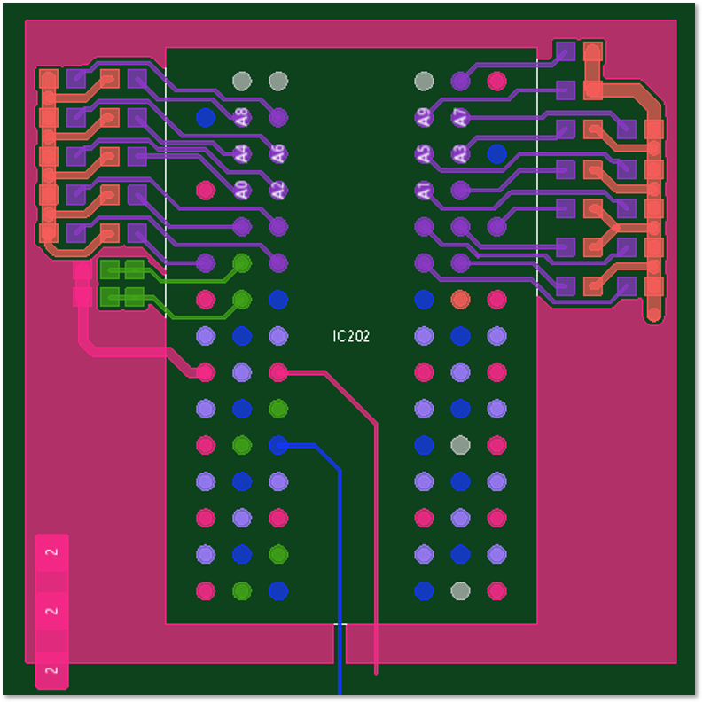 PCB layout showing a purple keepout area around a component footprint with traces routed through the bottom.